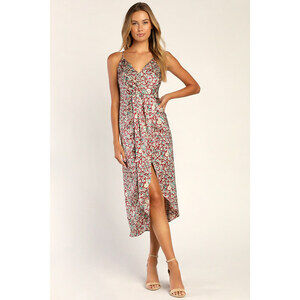 Brand New Lulus Know Your Love Rust Red Floral Print Satin Midi Dress - Size M